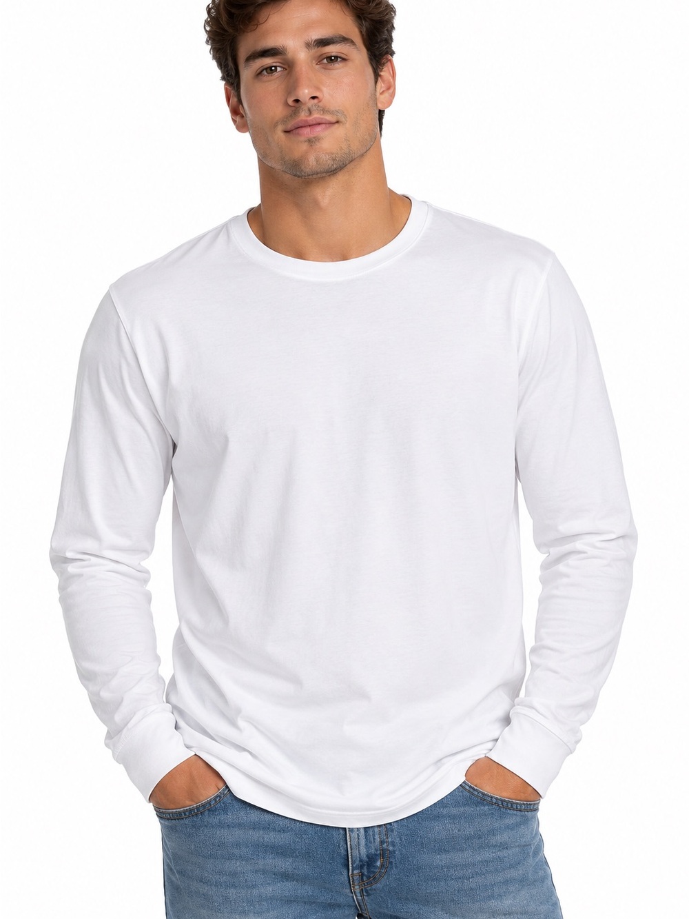 Men's L White 100% Cotton Long Sleeve Crew Neck T-Shirt Ribbed Cuffs NWT Casual